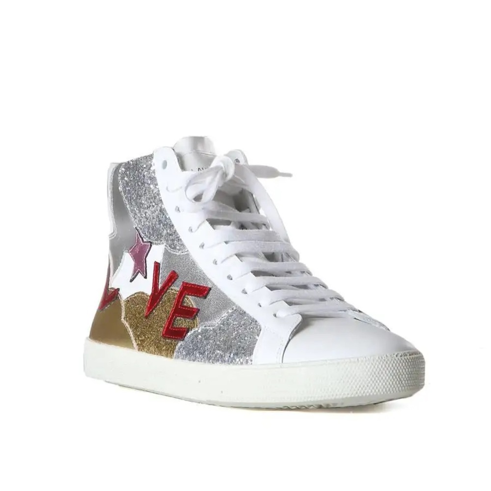 Saint Laurent “Love” Gold & Silver Glitter Leather Hi-Top Sneakers, Size EU39 - Picture 2 of 3